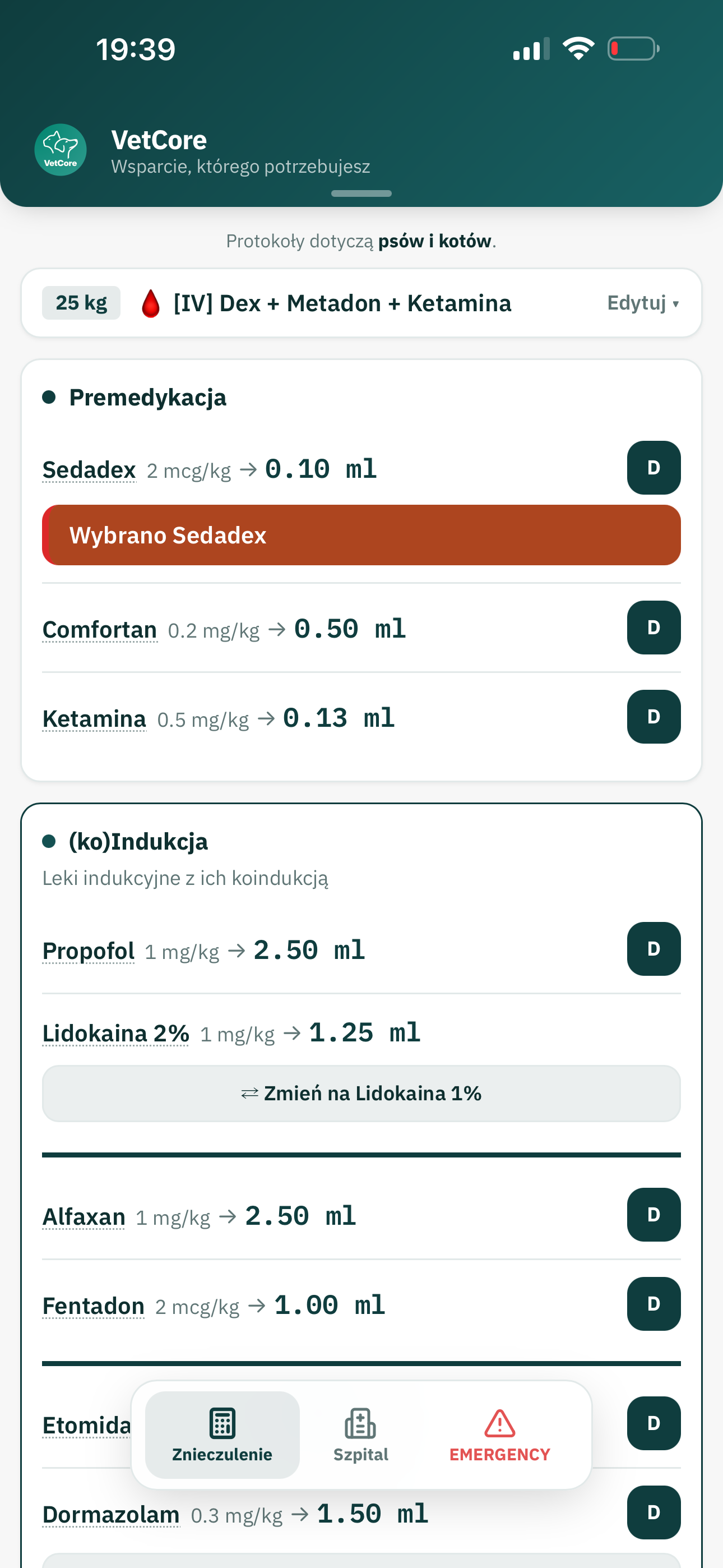 Screen aplikacji VetCore pokazujący kalkulator anestezjologiczny