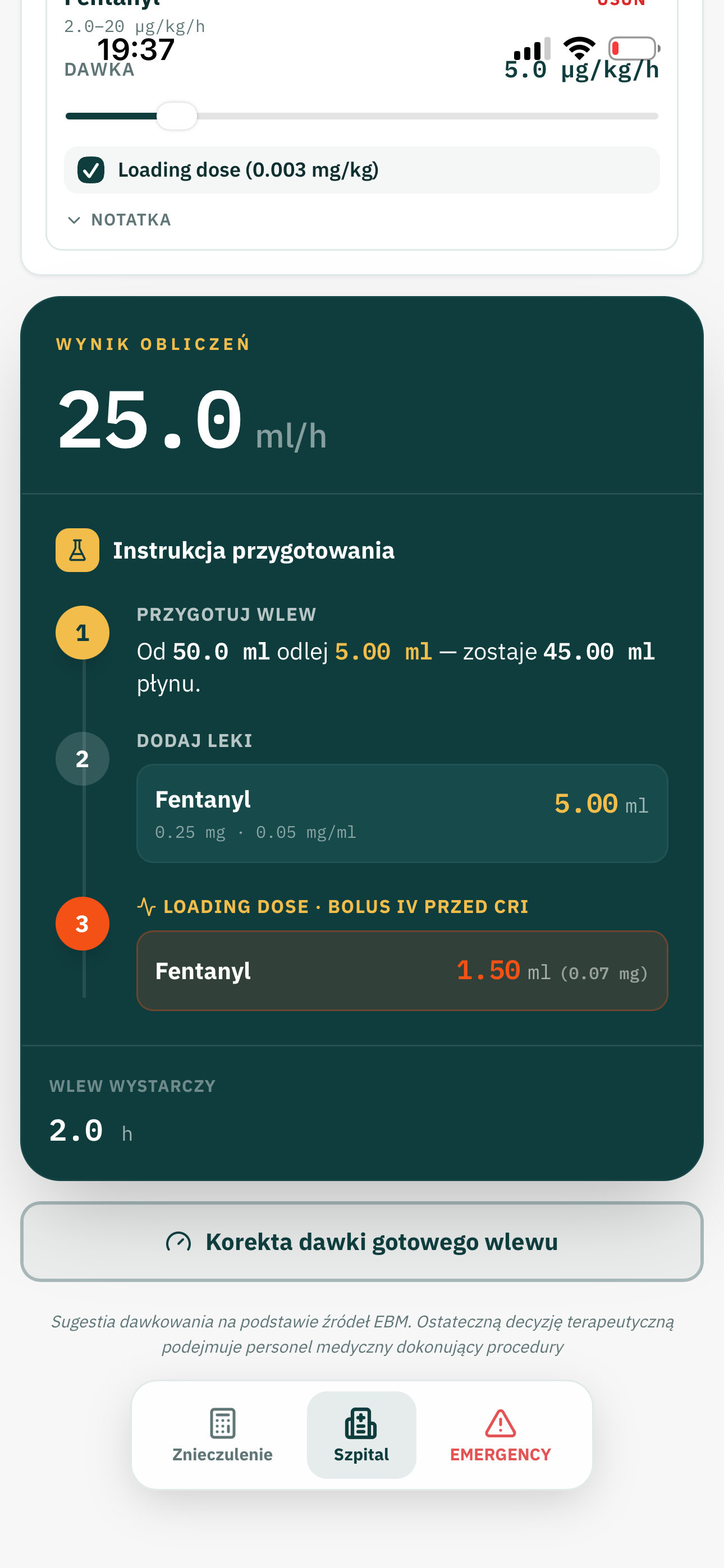 Screen aplikacji VetCore pokazujący wynik obliczeń CRI