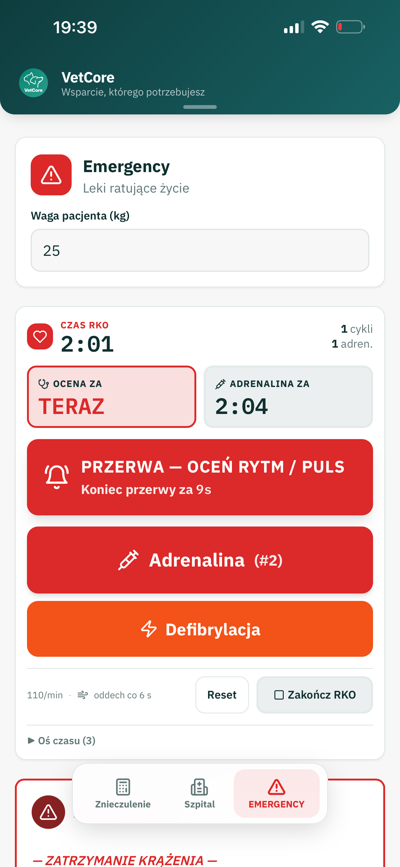 Screen aplikacji VetCore pokazujący tryb Emergency